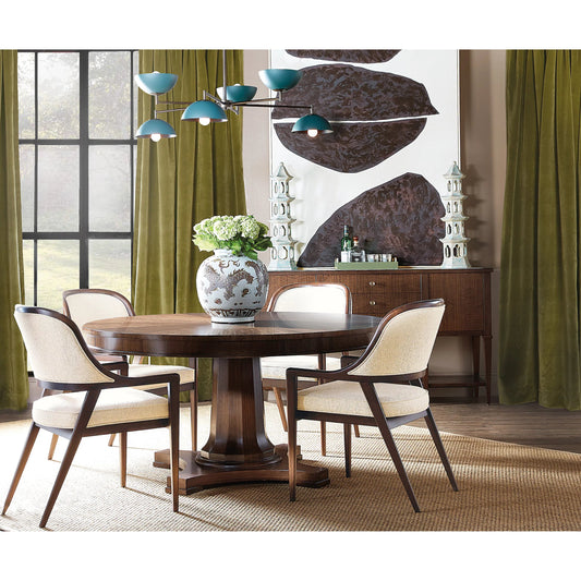 Archives Round Pedestal Dining Table by Hooker Furniture in dark wood and classic walnut. Made from figured quartered walnut veneer, solid wood edge top, resin center post in a unique style.