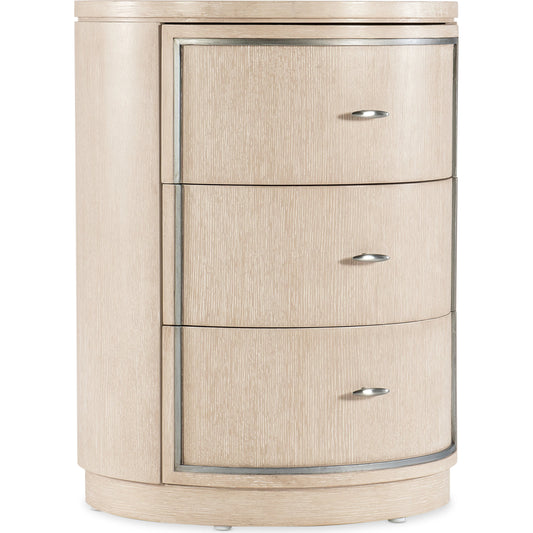 Nouveau Chic Round Nightstand by Hooker Furniture in light wood. Made from oak veneers with volakas white marble in a modern style.