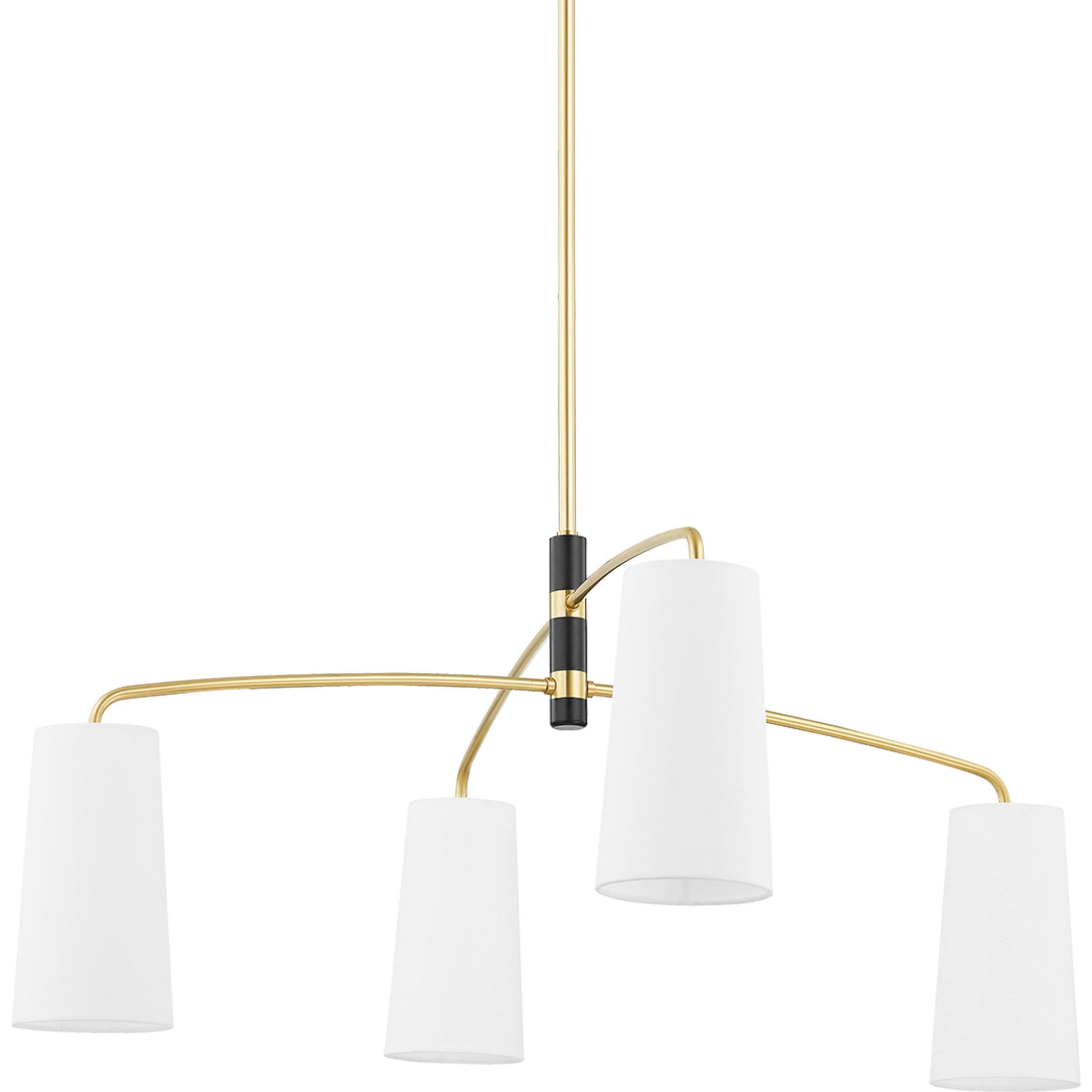 Evelyn 4 Light Chandelier by Mitzi in aged brass, soft black. Made from iron in a modern style.