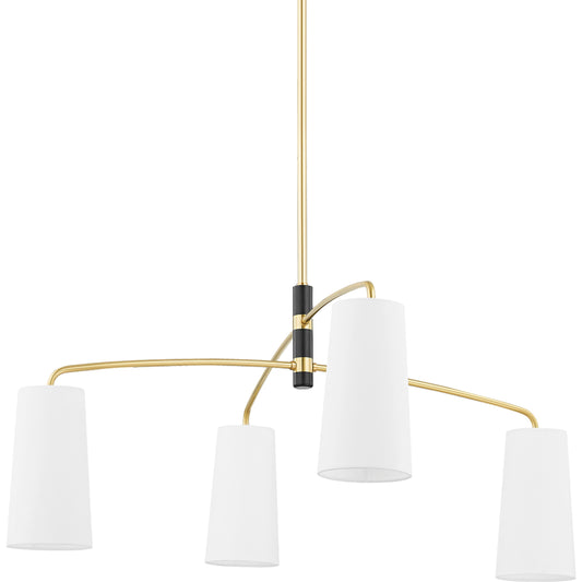 Evelyn 4 Light Chandelier by Mitzi in aged brass, soft black. Made from iron in a modern style.