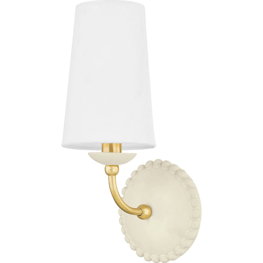 Rhea 1 Light Sconce by Mitzi in aged brass, ceramic antique ivory. Made from steel in a modern style.