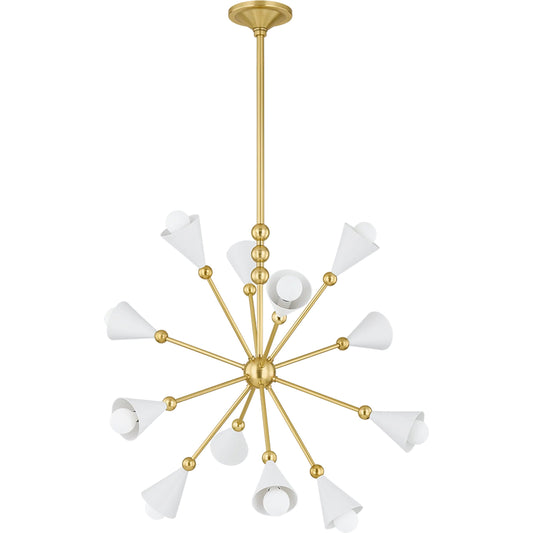 Hikari Chandelier by Mitzi in aged brass, soft white. Made from steel in a unique style.