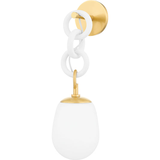 Marina 1 Light Wall Sconce by Mitzi in aged brass, textured white combo. Made from iron in a modern style.