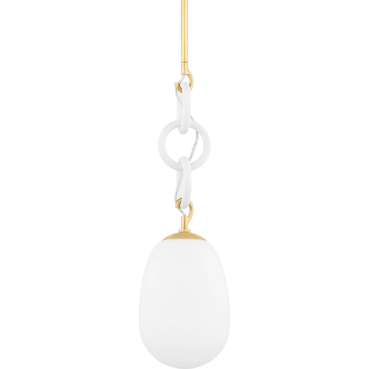 Marina 1 Light Pendant by Mitzi in aged brass, textured white combo. Made from iron in a modern style.