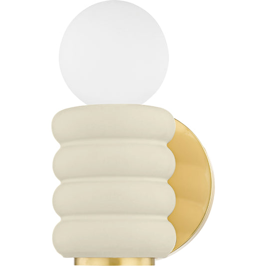 Bibi 1 Light Wall Sconce by Mitzi in aged brass, ceramic antique ivory. Made from ceramic in a modern style.