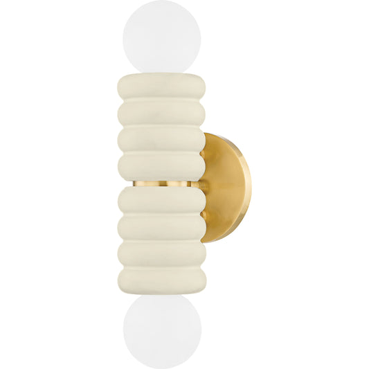 Bibi 2 Light Wall Sconce by Mitzi in aged brass, ceramic antique ivory. Made from ceramic in a modern style.