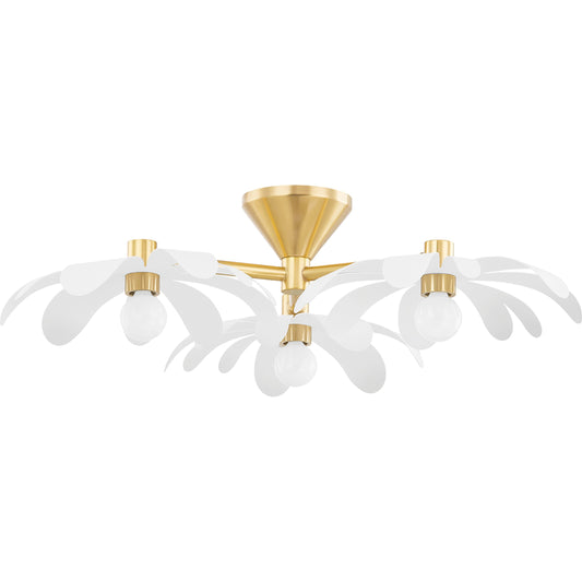 Twiggy 3 Light Semi Flush Mount by Mitzi in aged brass, textured white combo. Made from iron in a modern style.