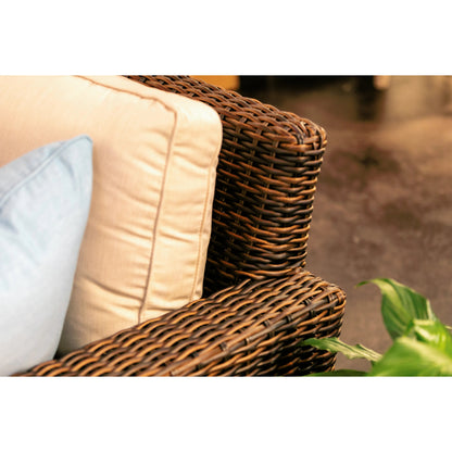 Montecito Outdoor Sectional by Sunset West in cognac. Made from resin wicker in a modern style.