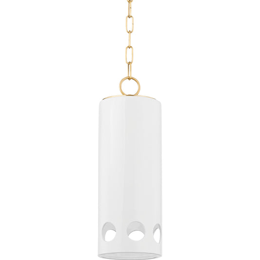 Jean 1 Light Pendant by Mitzi in aged brass, ceramic gloss white. Made from steel in a modern style.