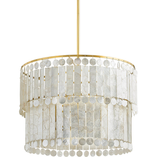 Melisa 6 Light Chandelier by Mitzi in aged brass. Made from steel in a modern style.