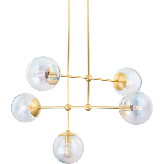 Ophelia 5 Light Chandelier by Mitzi in aged brass. Made from steel in a modern style.