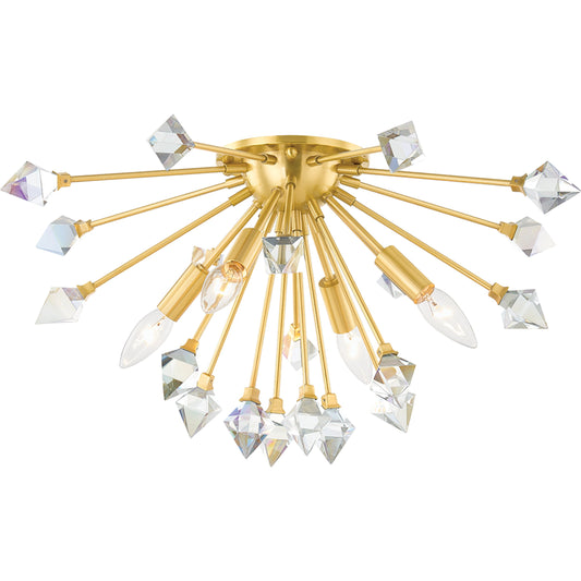 Genesis 4 Light Flush Mount by Mitzi in aged brass. Made from steel in a modern style.