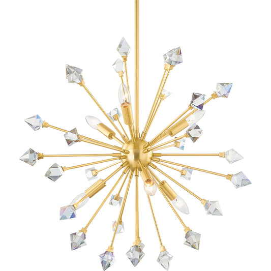 Genesis 6 Light Chandelier by Mitzi in aged brass. Made from steel in a modern style.
