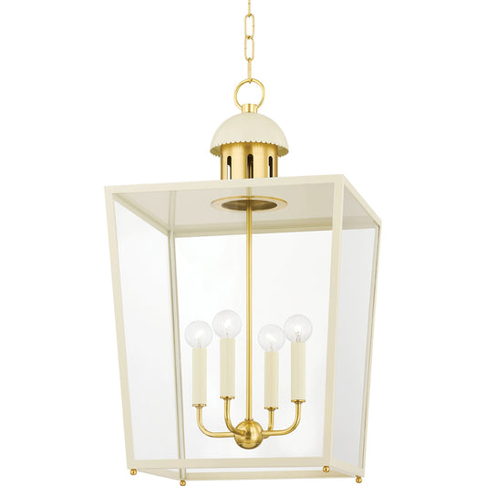 June 4 Light Lantern by Mitzi in soft cream, aged brass. Made from steel in a modern style.