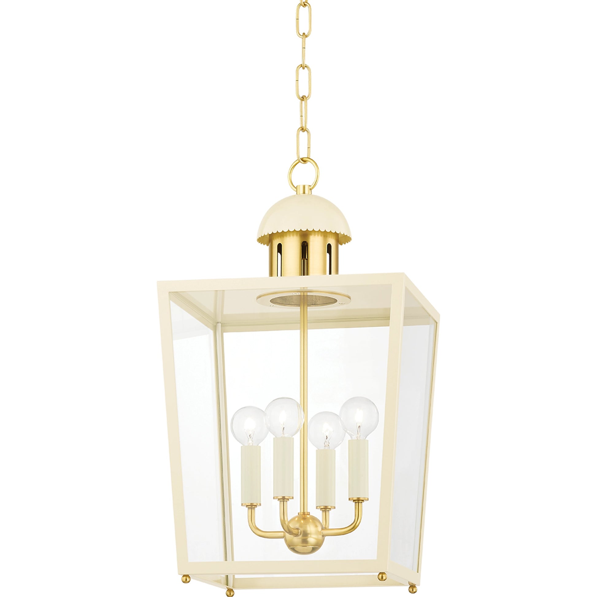June 4 Light Lantern by Mitzi in soft cream, aged brass. Made from steel in a modern style.