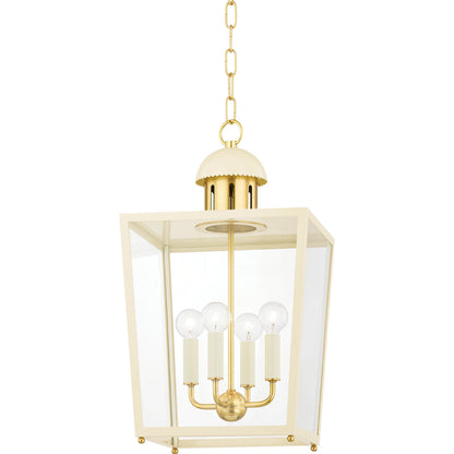 June 4 Light Lantern by Mitzi in soft cream, aged brass. Made from steel in a modern style.