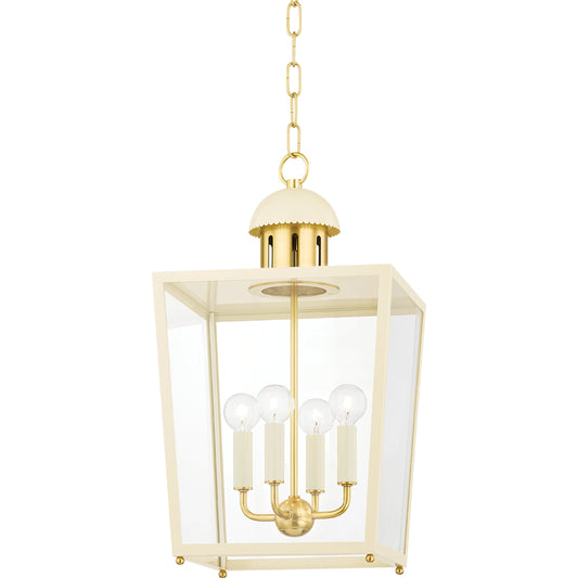 June 4 Light Lantern by Mitzi in soft cream, aged brass. Made from steel in a modern style.