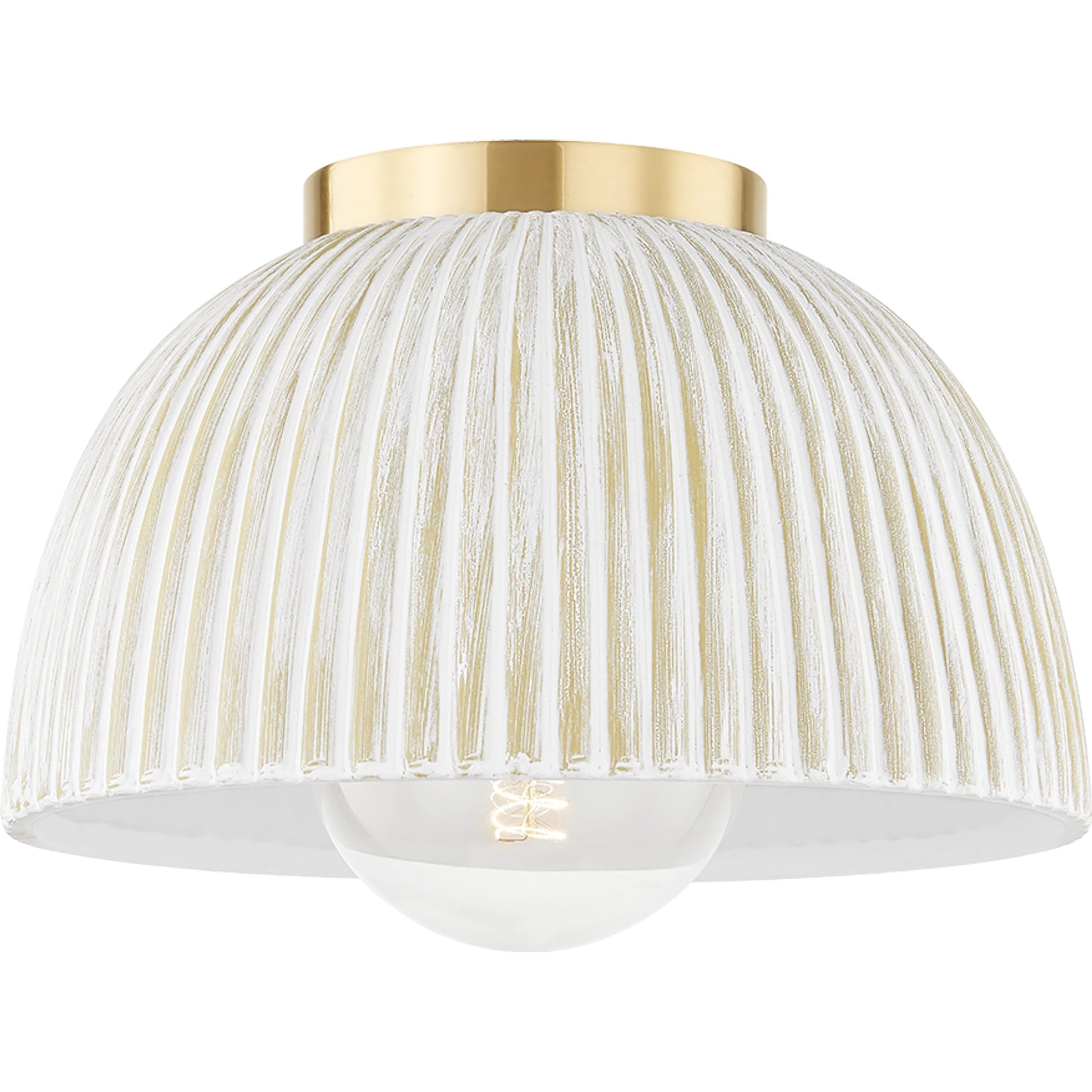 Eloise 1 Light Flush Mount by Mitzi in aged brass. Made from ceramic in a modern style.