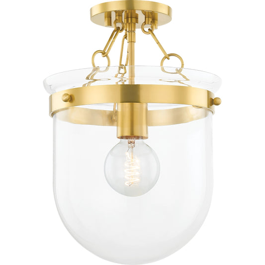 Dunbar Semi Flush by Mitzi in aged brass. Made from steel in a modern style.