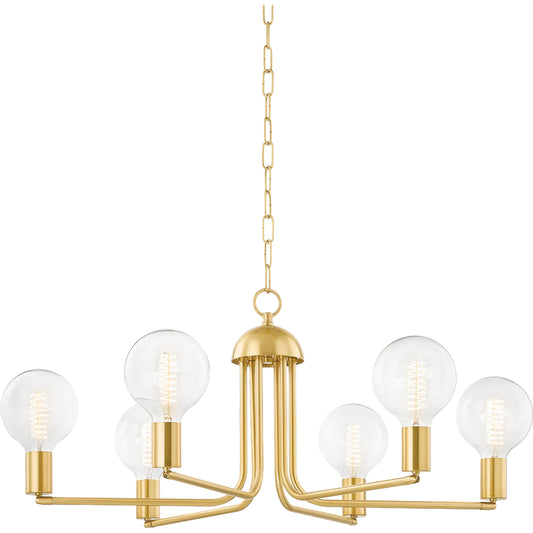Blakely 6 Light Chandelier by Mitzi in aged brass. Made from steel in a modern style.