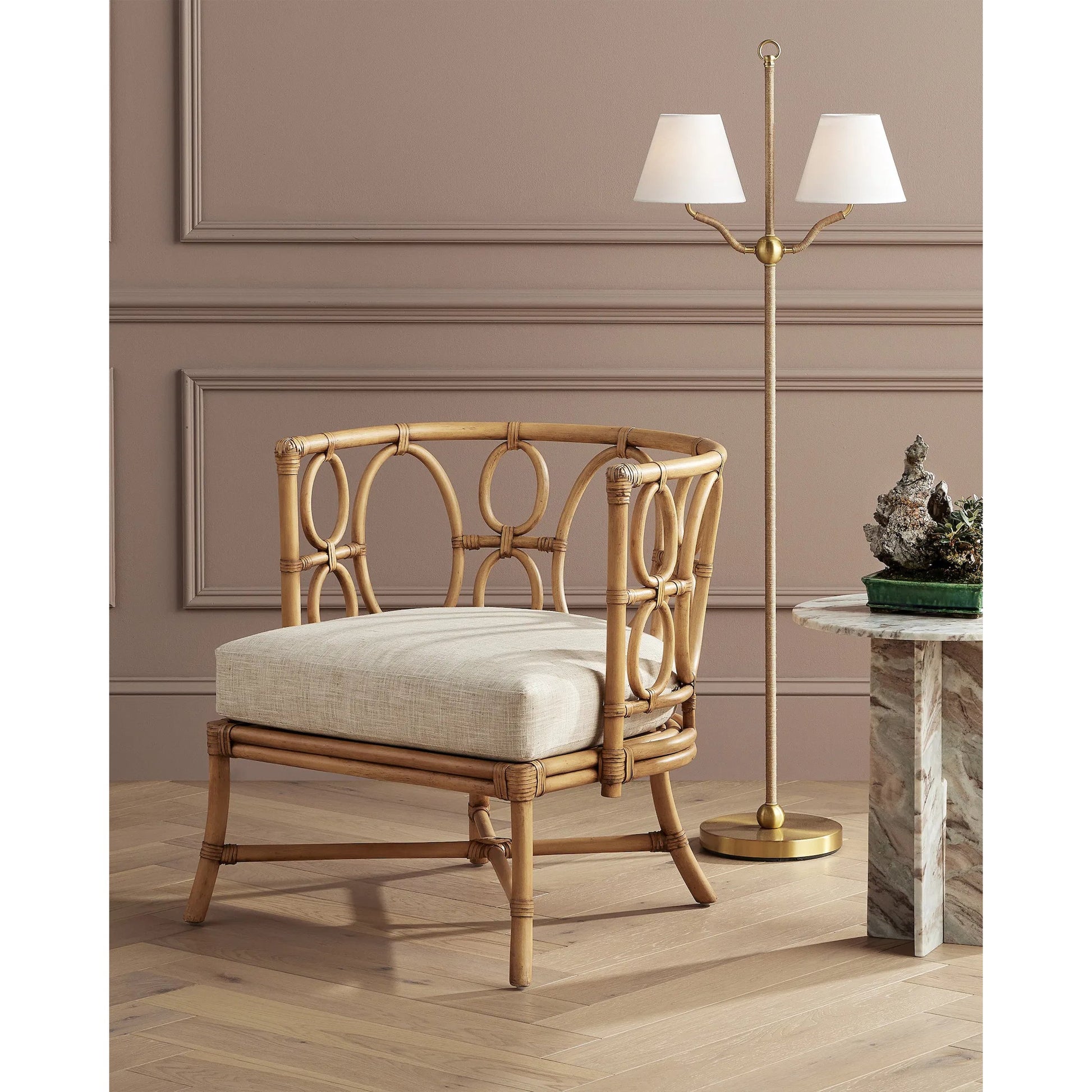 Tegal Muslin Chair by Currey and Company in rattan, natural. Made from rattan, wood, leather, finn natural in a coastal style.