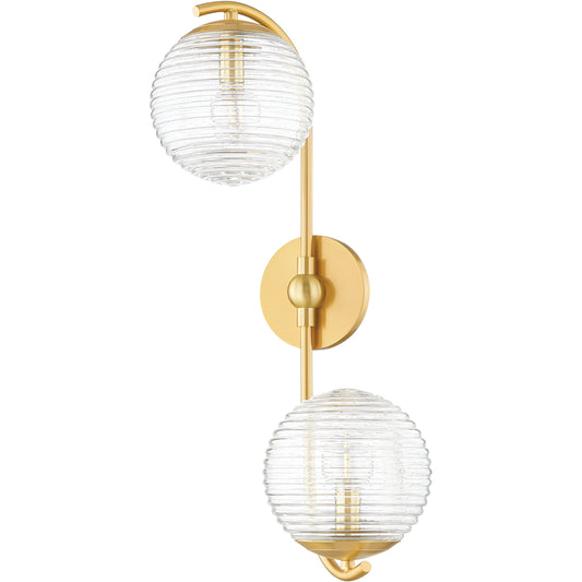 Sara 2 Light Wall Sconce by Mitzi in aged brass. Made from brass in a modern style.