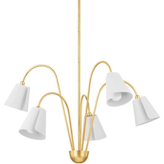 Lila Chandelier by Mitzi in gold leaf, textured on white combo. Made from steel in a unique style.