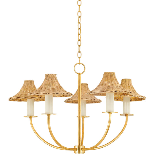 Twila 5-Light Chandelier by Mitzi in vintage gold leaf. Made from steel in a unique style.