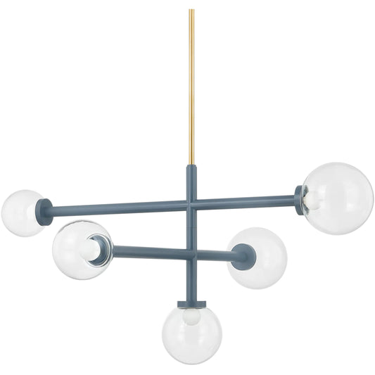 Sia Chandelier by Mitzi in aged brass, slate blue. Made from steel in a unique style.