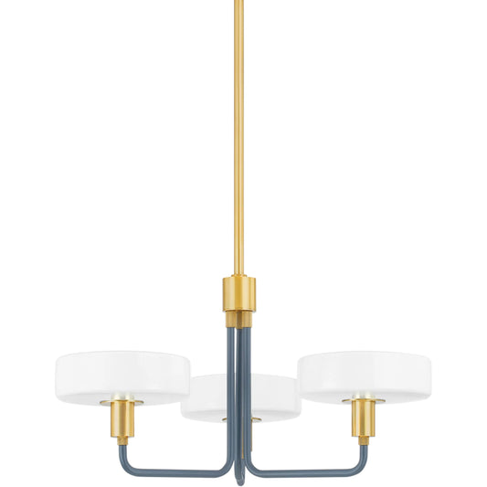 Aston 3-Light Chandelier by Mitzi in aged brass, slate blue. Made from steel in a unique style.