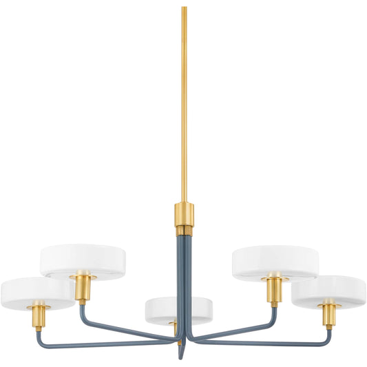 Aston 5-Light Chandelier by Mitzi in aged brass, slate blue. Made from steel in a unique style.