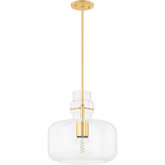 Lumi Pendant by Mitzi in aged brass. Made from glass in a unique style.