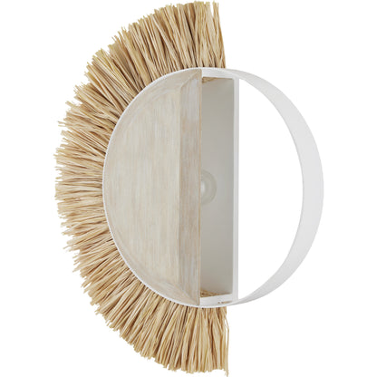 Seychelles Wall Sconce by Currey and Company in sugar white, sandstone, natural. Made from wrought iron, wood, raffia in a coastal style.