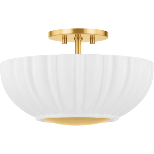 Anne Flush Mount by Mitzi in aged brass. Made from steel in a unique style.