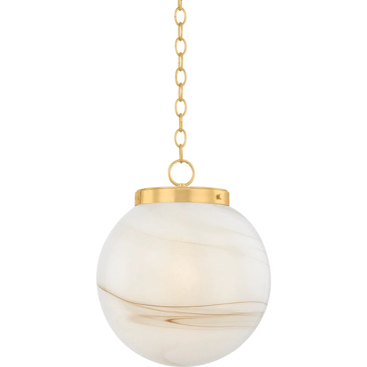 Ambra Pendant by Mitzi in aged brass. Made from glass in a unique style.