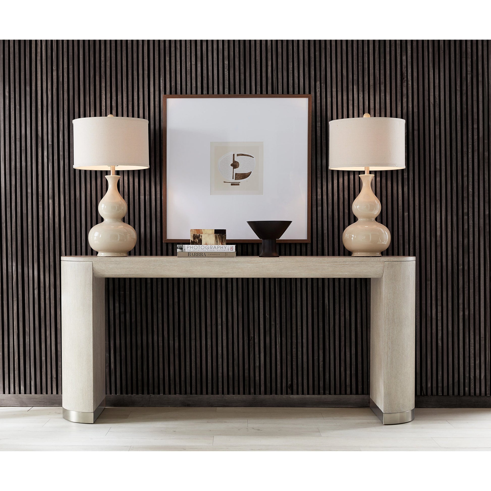 Modern Mood Console Table by Hooker Furniture. Made from oak veneers, metal in a modern style.