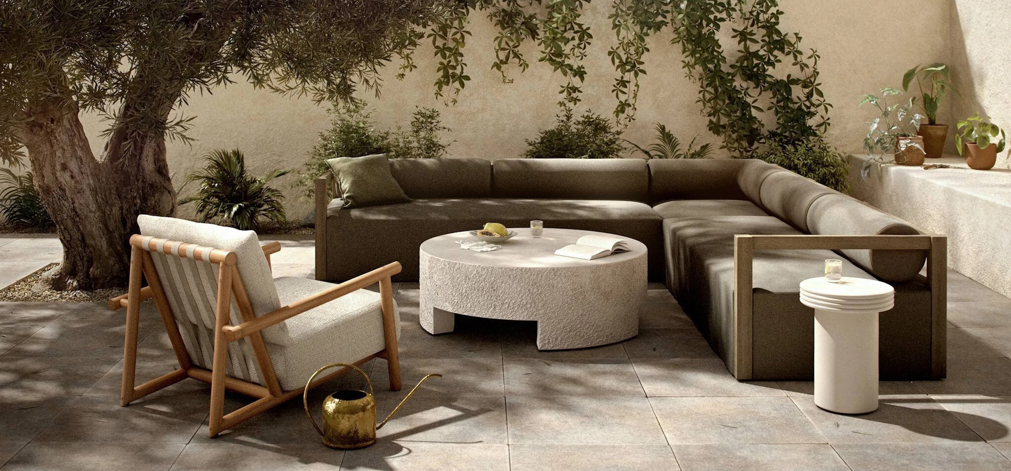 Modern outdoor sectional sofa with stone coffee table in courtyard