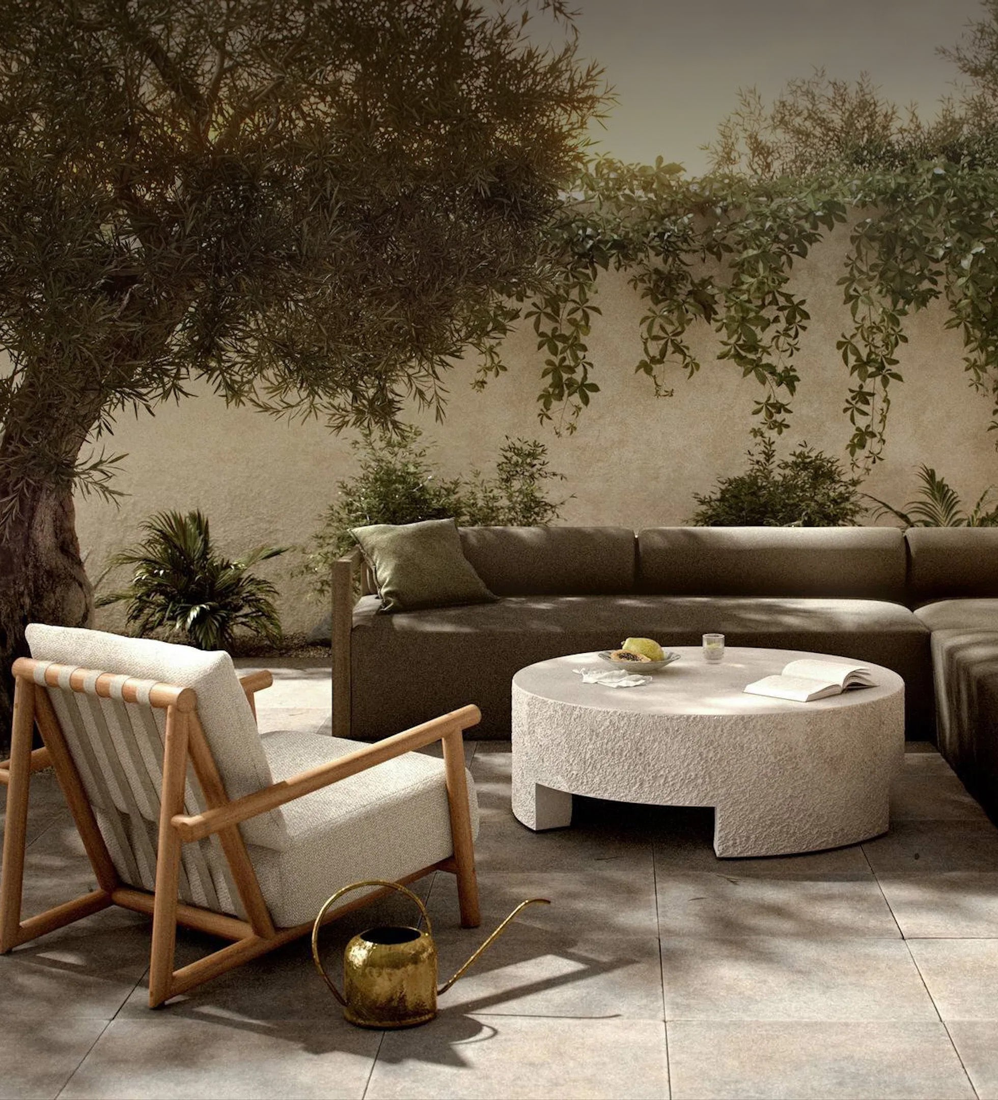 Modern outdoor sectional sofa with stone coffee table in courtyard