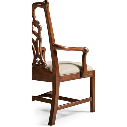 Buckingham Chippendale Antique Mahogany Arm Chair by Jonathan Charles in skipper and medium antique mahogany. Made from acacia, fabric in a traditional style.