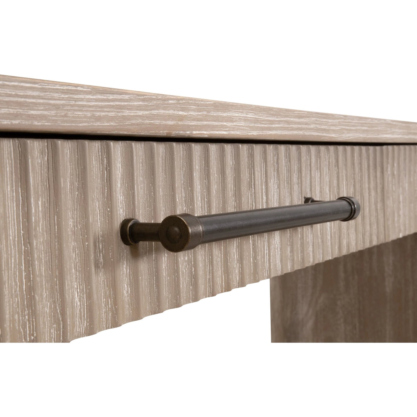 004 SI-2374644 | Closeup | Halloway Console Table by Essentials For Living in natural gray acacia. Made from solid acacia wood, mdf, plywood, acacia veneer in a transitional style.