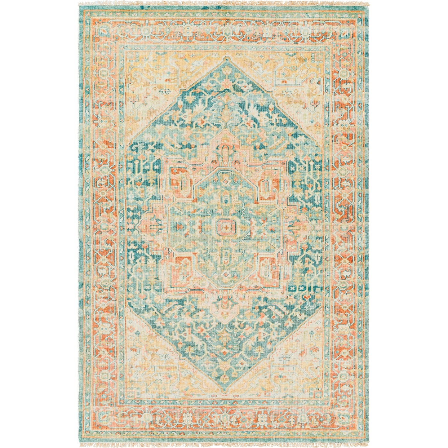 001 SI-1882301,SI-1882302,SI-1882303 | Primary Silo | Hamadan Rug by Surya in saffron, camel, light beige, sage, tan. Made from 70% wool, 30% viscose in a traditional style.