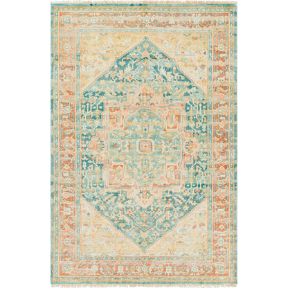 Hamadan Rug by Surya in saffron, camel, light beige, sage, tan. Made from 70% wool, 30% viscose in a traditional style.