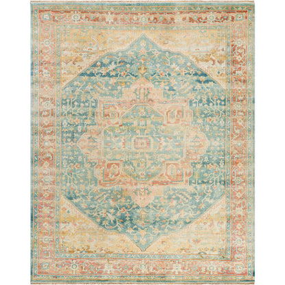 Hamadan Rug by Surya in saffron, camel, light beige, sage, tan. Made from 70% wool, 30% viscose in a traditional style.