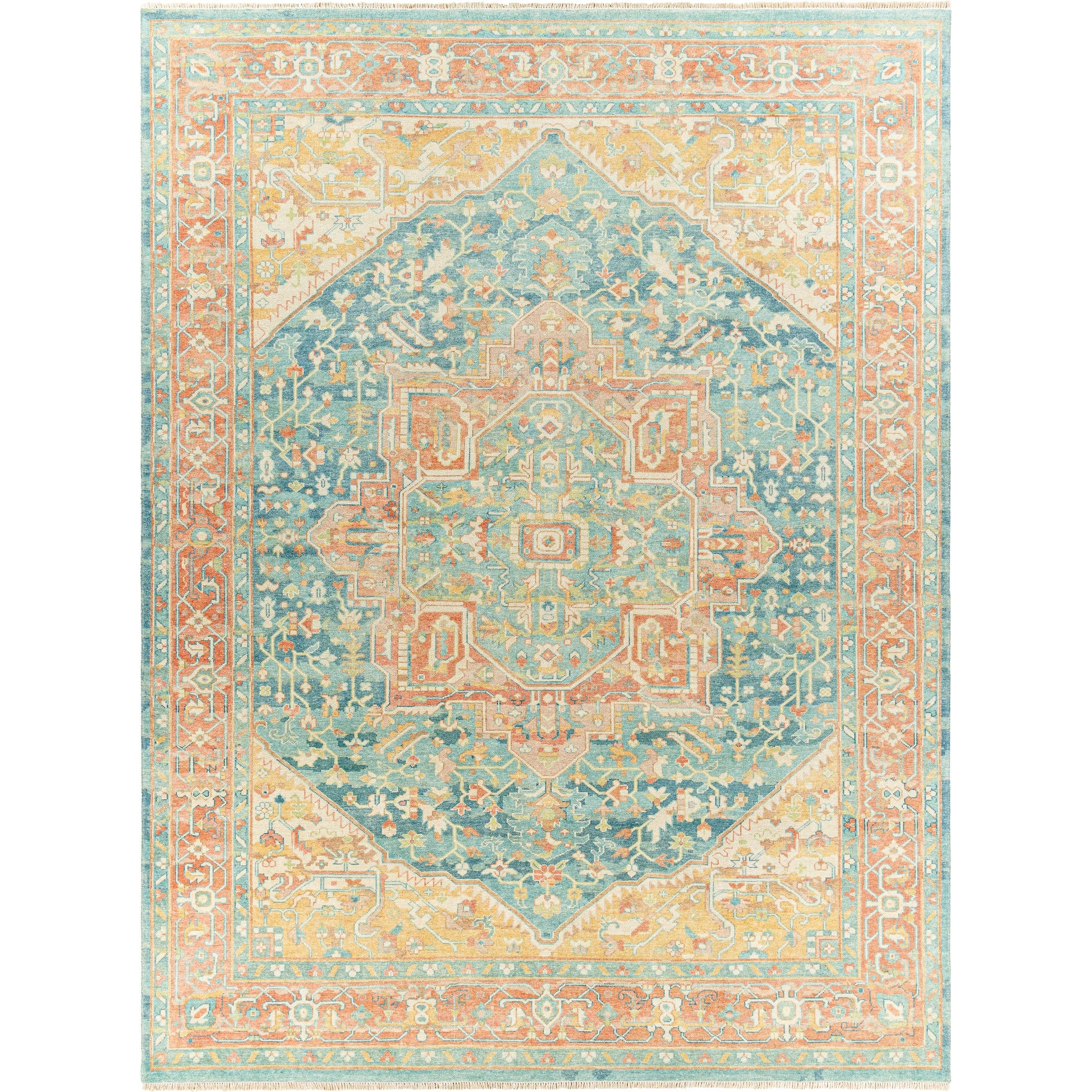 Hamadan Rug by Surya in saffron, camel, light beige, sage, tan. Made from 70% wool, 30% viscose in a traditional style.