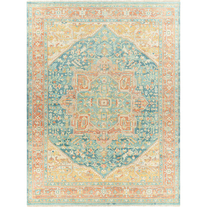 Hamadan Rug by Surya in saffron, camel, light beige, sage, tan. Made from 70% wool, 30% viscose in a traditional style.