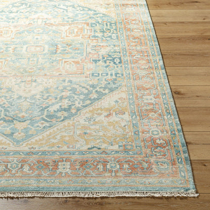 Hamadan Rug by Surya in saffron, camel, light beige, sage, tan. Made from 70% wool, 30% viscose in a traditional style.