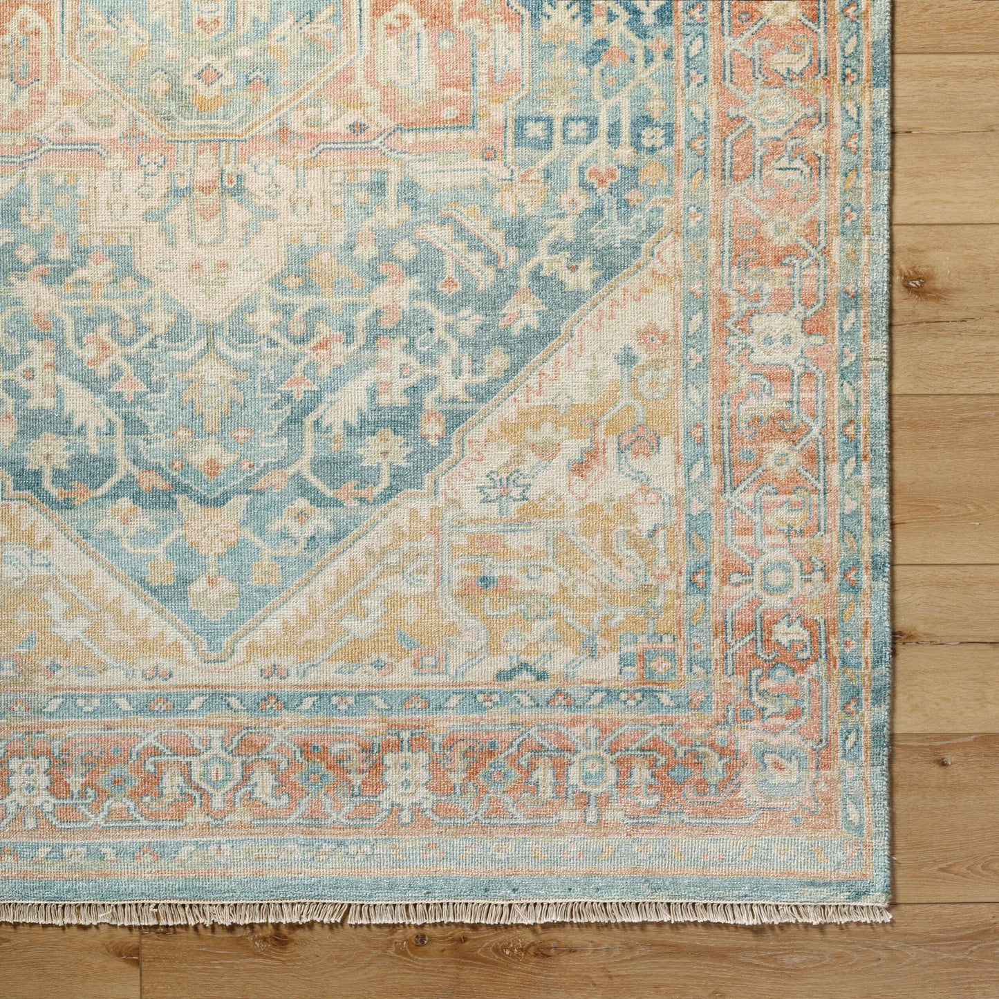 008 SI-1882300,SI-1882301,SI-1882302,SI-1882303,SI-1882304,SI-1882305 | Closeup | Hamadan Rug by Surya in saffron, camel, light beige, sage, tan. Made from 70% wool, 30% viscose in a traditional style.