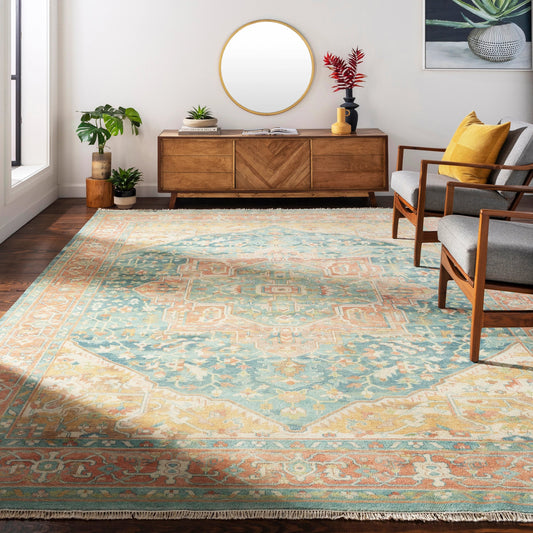 Hamadan Rug by Surya in saffron, sage. Made from 70% wool, 30% viscose in a traditional style.