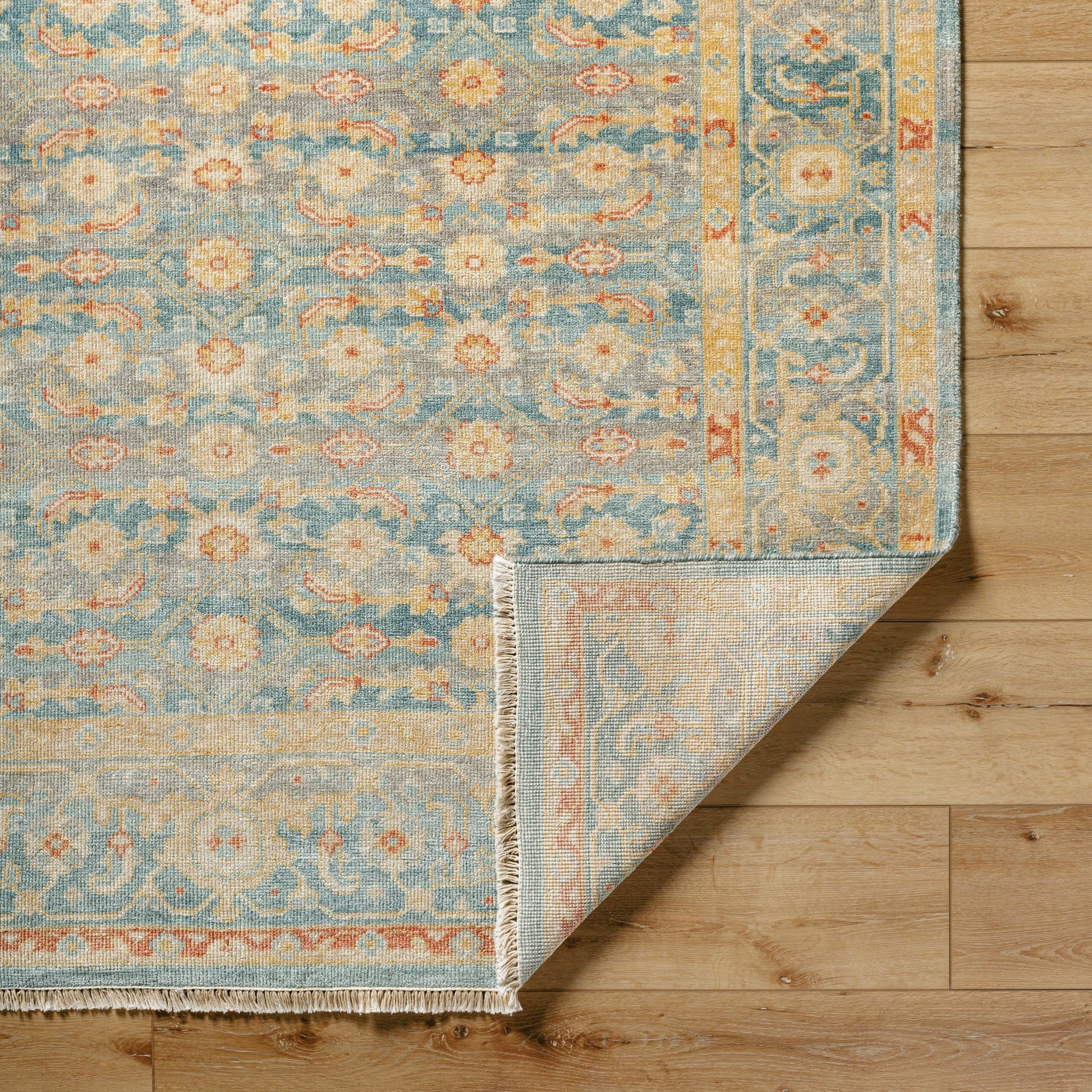 Hamadan Rug - 30390 by Surya in seafoam, rust, mustard, gray. Made from 70% wool, 30% viscose in a unique style.