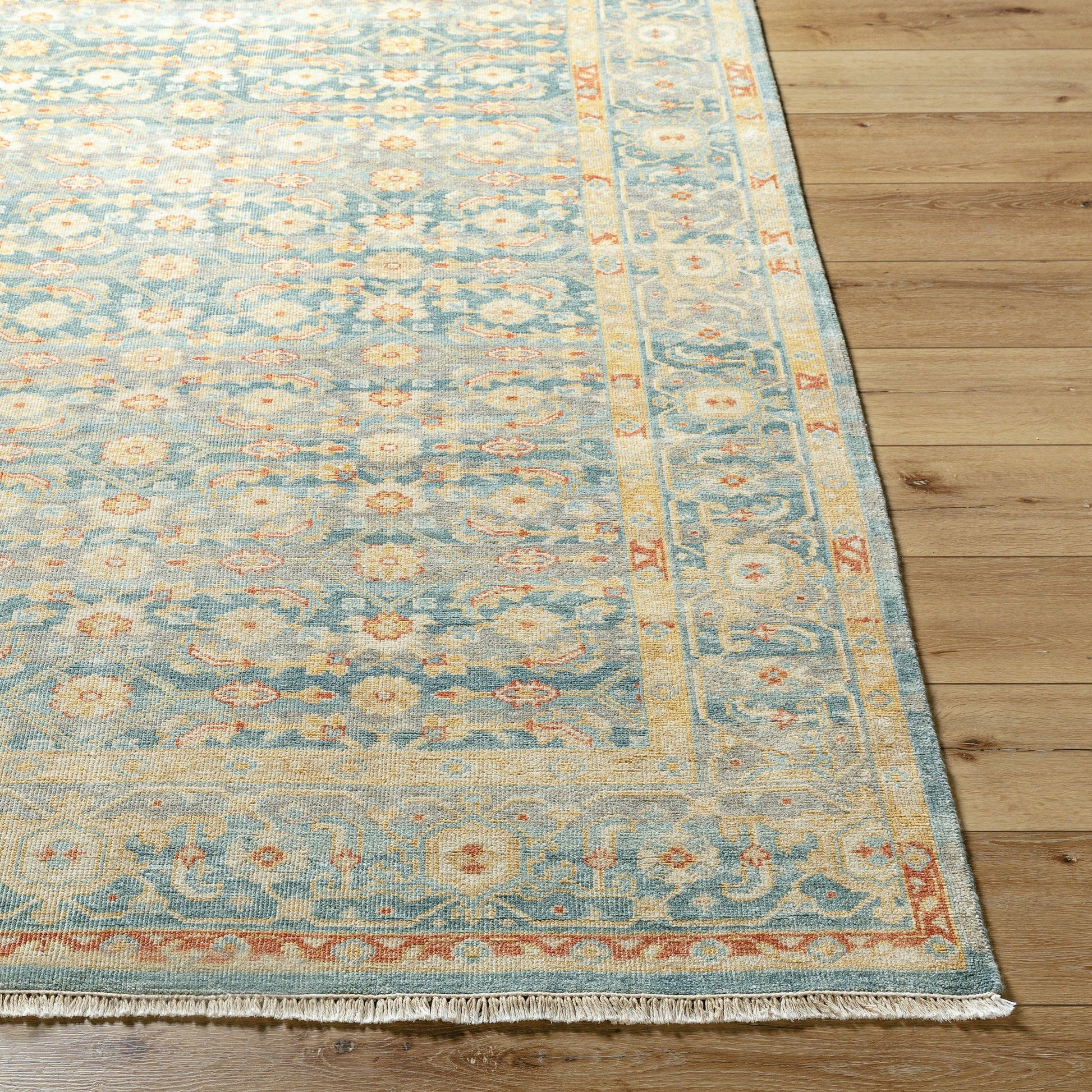 Hamadan Rug - 30390 by Surya in seafoam, rust, mustard, gray. Made from 70% wool, 30% viscose in a unique style.